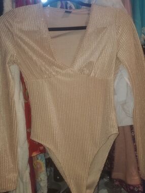 SHEIN Cream Long-Sleeve Deep V One-Piece Bodysuit